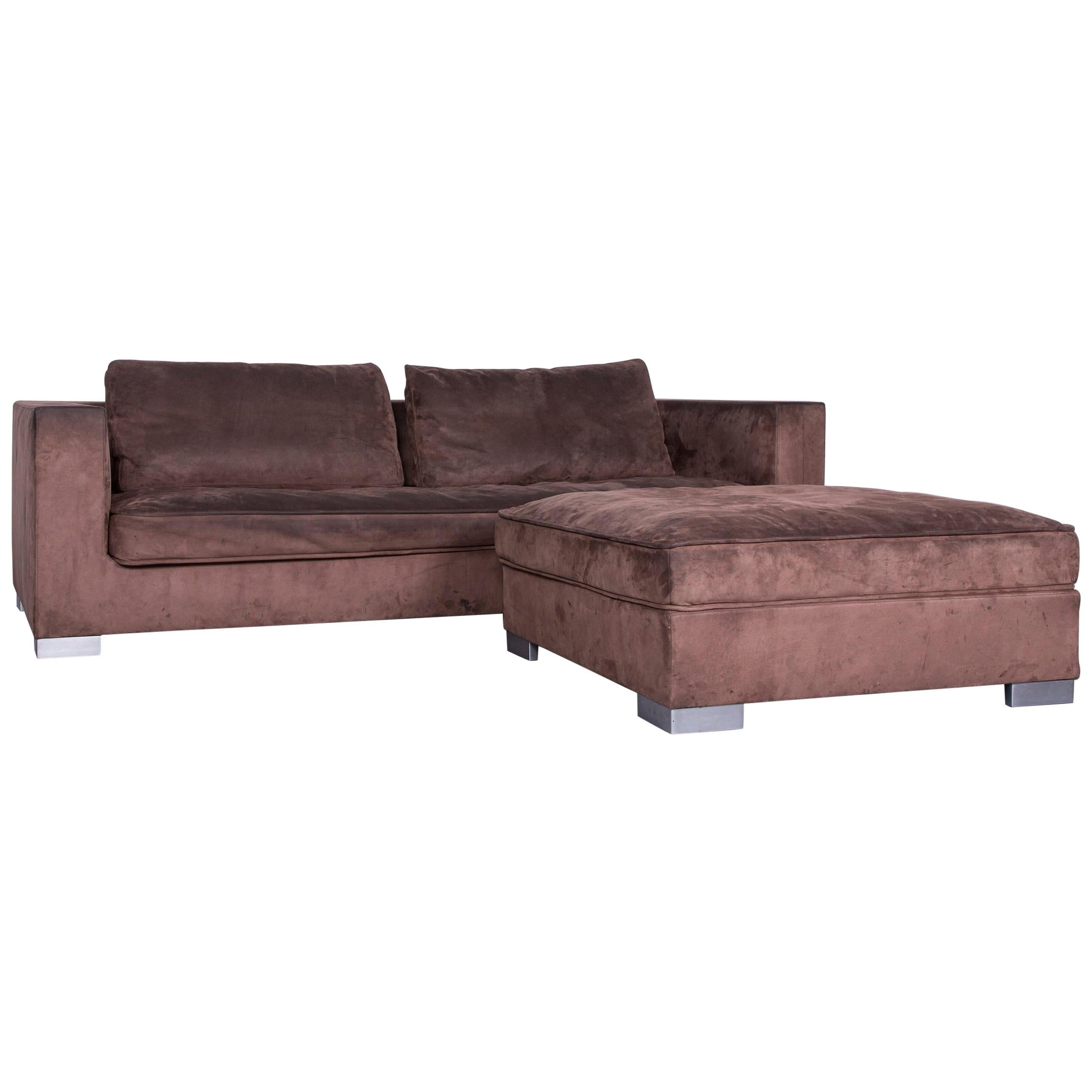 Ligne Roset Rive Gauche Designer Fabric Sofa Footstool Set Brown Two-Seat Couch