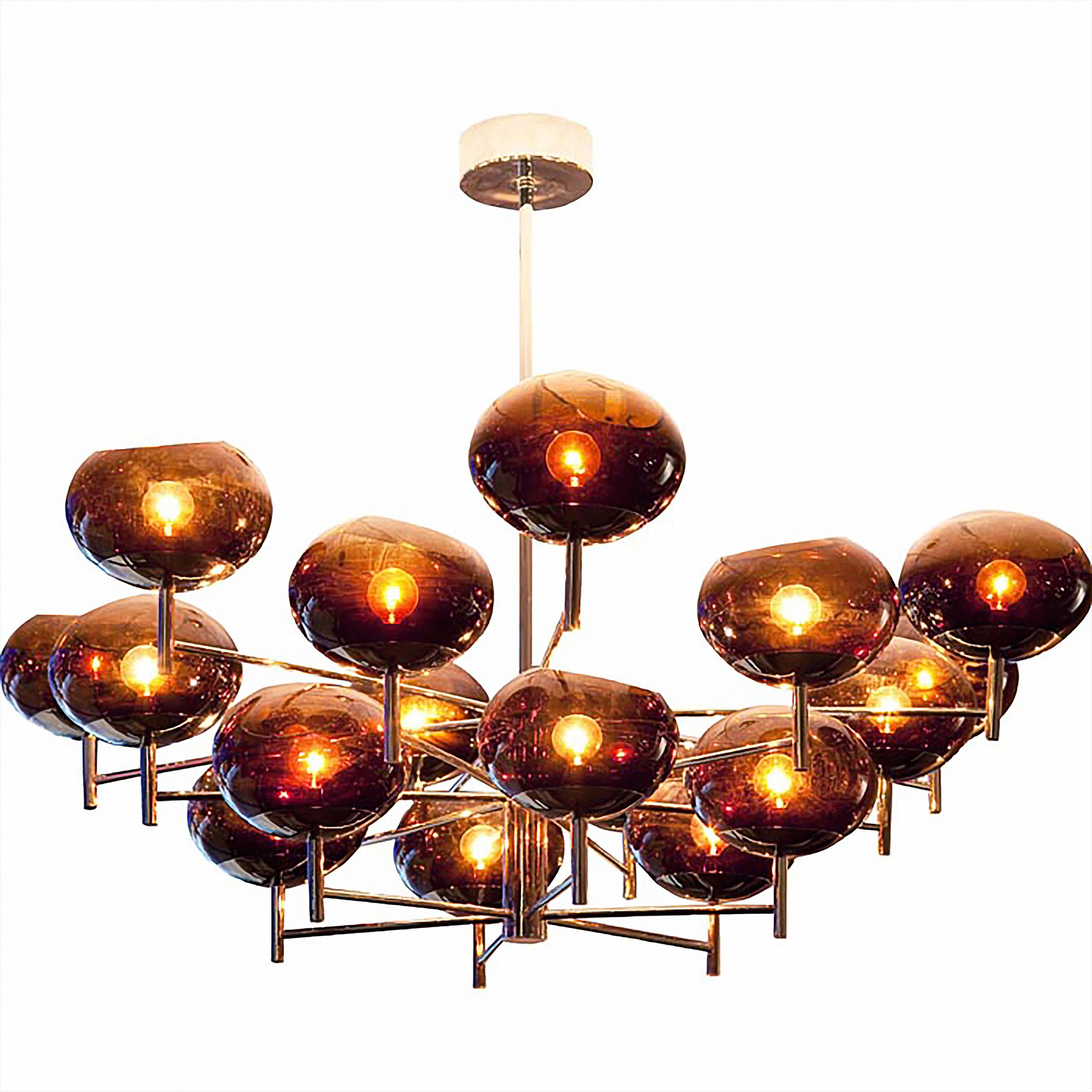 Donghia Renaldo Eighteen-Arm Chandelier, Murano Glass in Cognac and Chrome For Sale