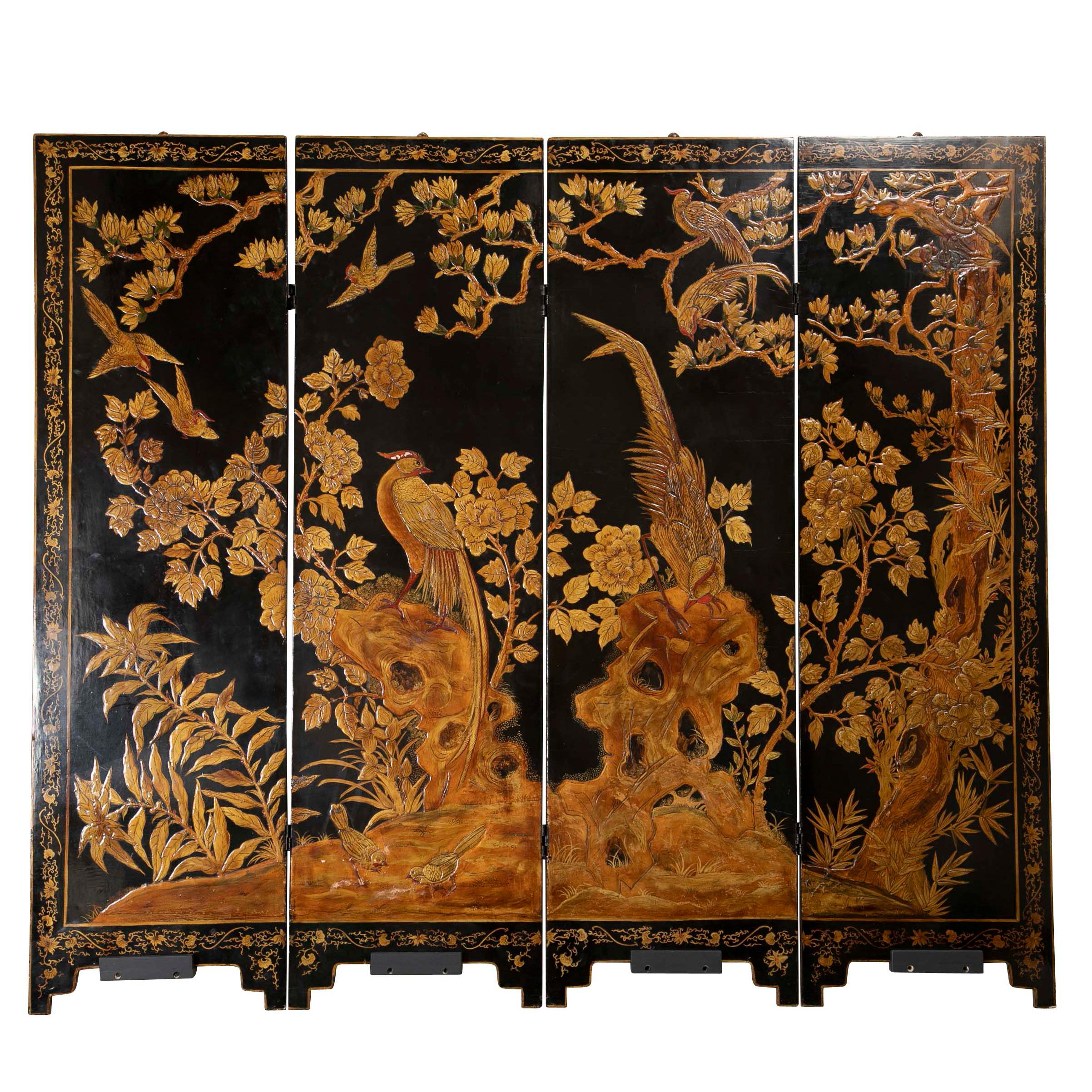 Four Panel Chinese Lacquered Screen Depicting a Phoenix