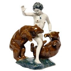 Porcelain Figurine, Art Deco, Woman Fighting with Bears, Poland, 1930s