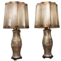 Pair of Mid-Century Modern Silver Gilt Table Lamps Hand-Painted Shades