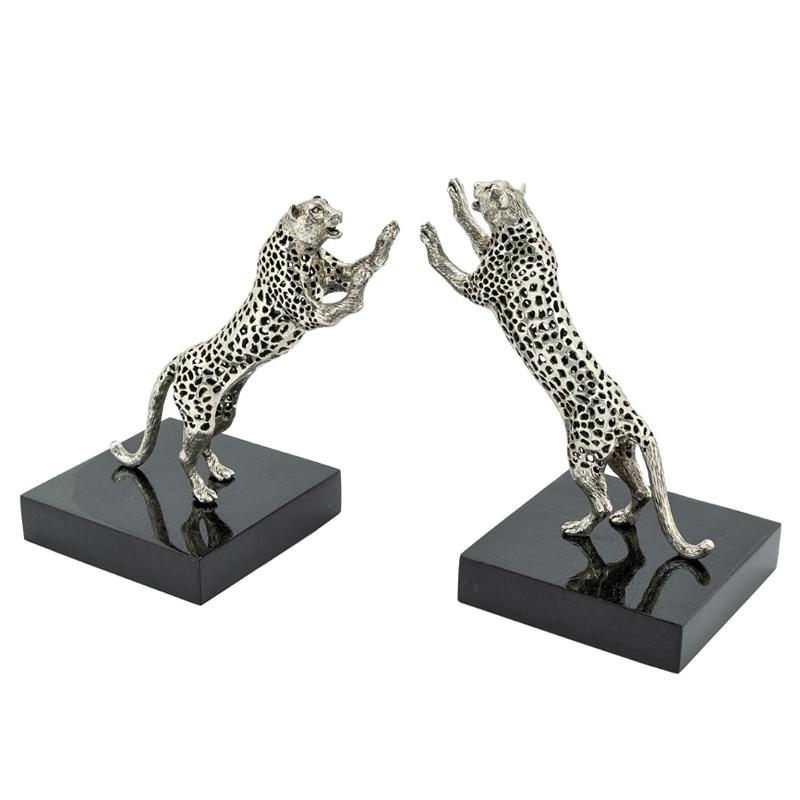 Leopard Set of Two Bookend in Silver Plated Brass