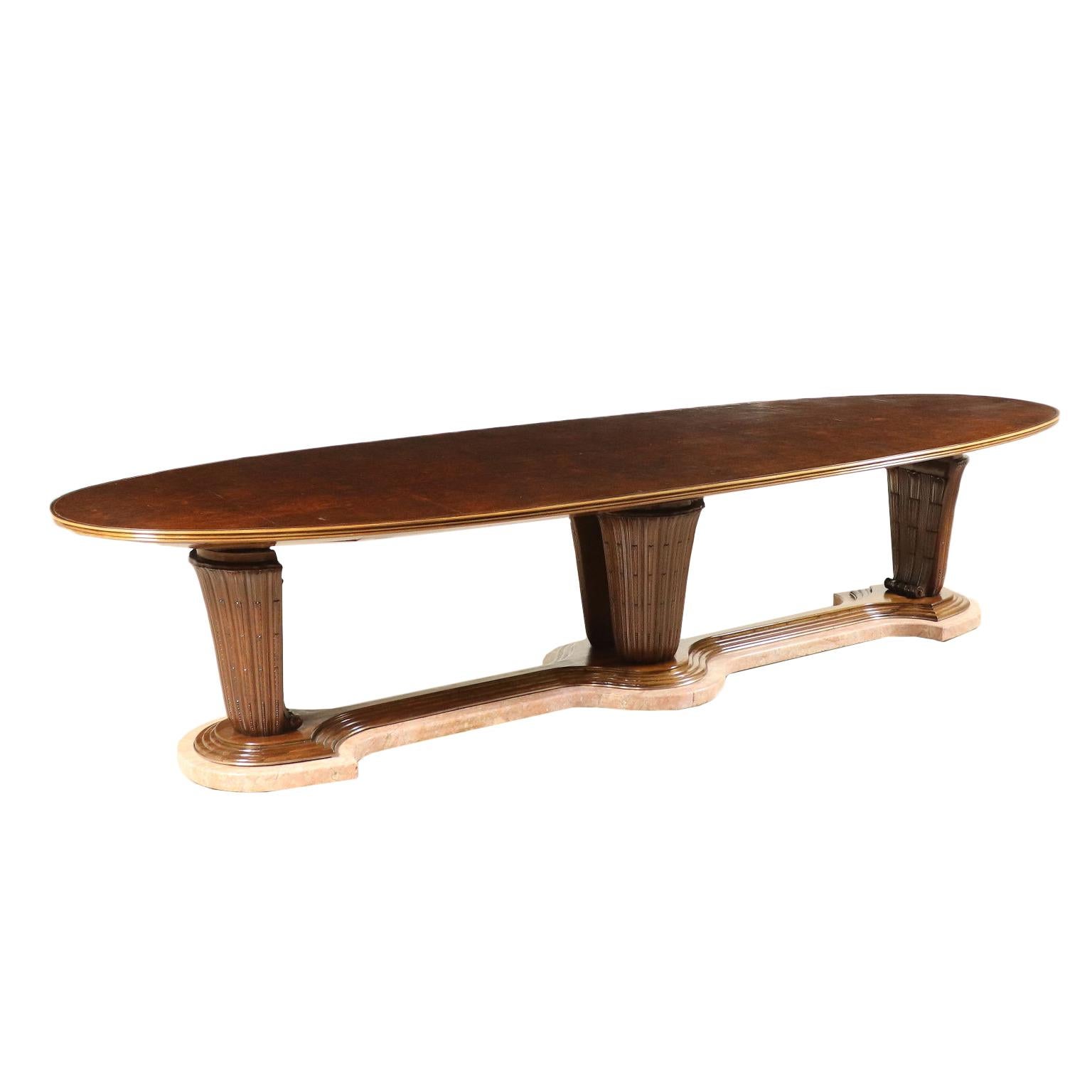 Large Table Marble Base Walnut Brass Vintage, Italy, 1940s