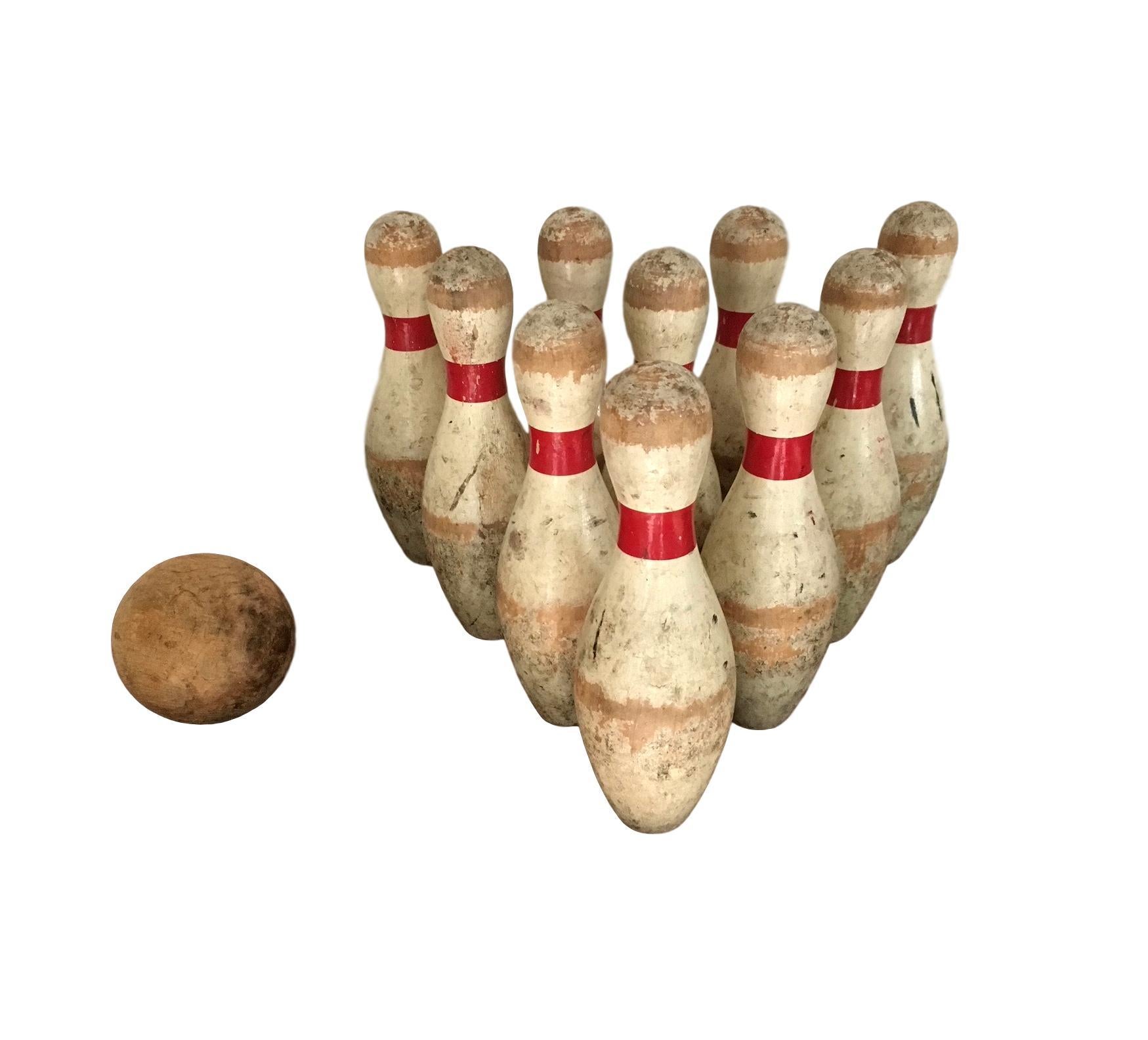 Antique Hand-Painted Wood Bowling Set
