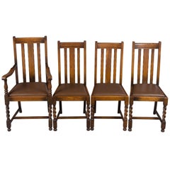 Antique Set of Four Oak Barley Twist Dining Room or Kitchen Chairs