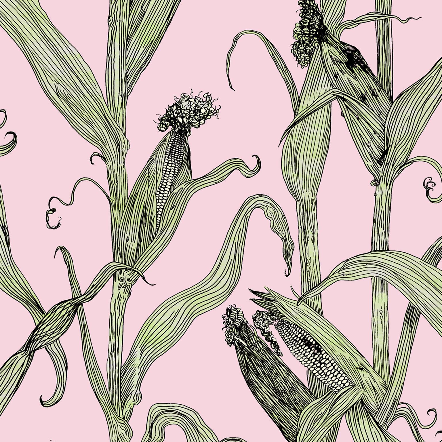 Mais-Green Leaf on Pink-Corn Printed Wallpaper For Sale