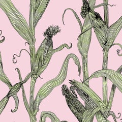 Mais-Green Leaf on Pink-Corn Printed Wallpaper