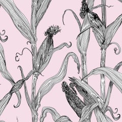 Mais-White Leaf on Pink-Corn Printed Wallpaper