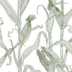 Mais-Green on White-Corn Printed Wallpaper