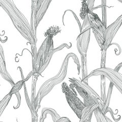 Mais-Grey on White-Corn Printed Wallpaper