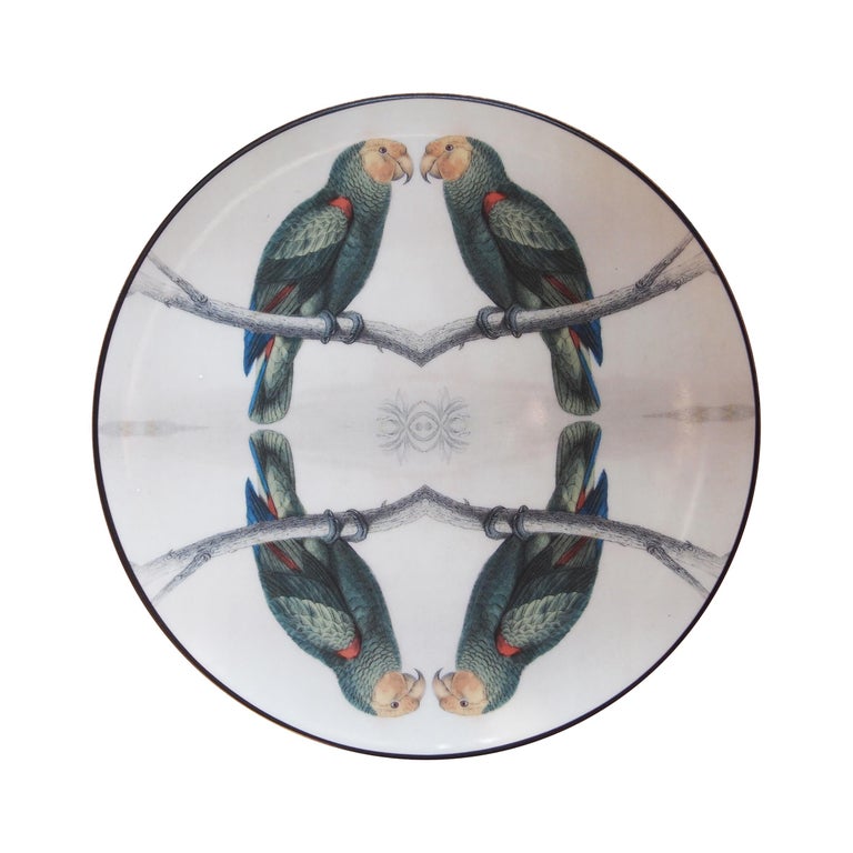 Sultan's Journey Green Parrots Porcelain Plate by Patch NYC for Les-Ottomans For Sale