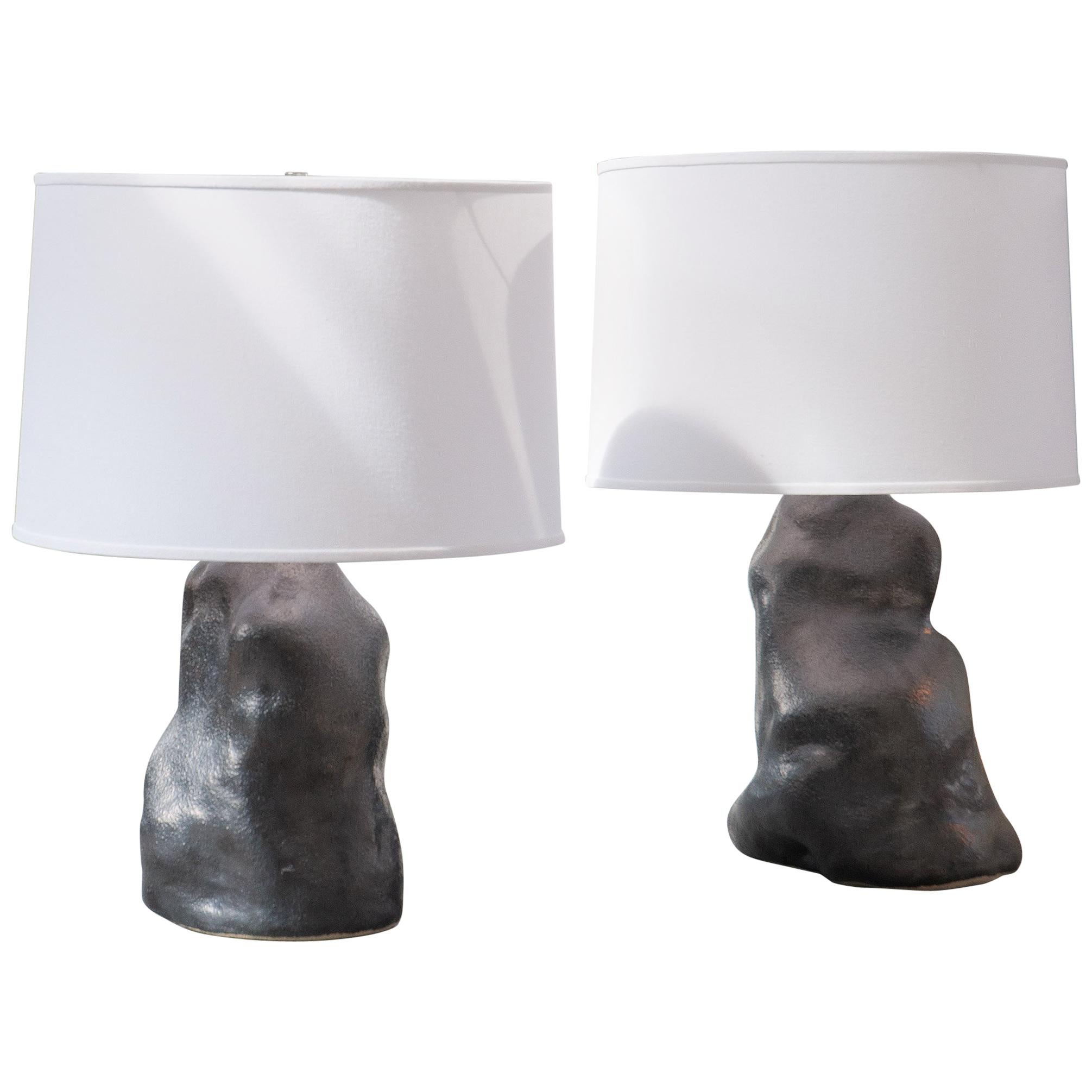 J Schatz Studio 2018 Metallic Black Amorphous Table Lamp Pair, One of a Kind For Sale
