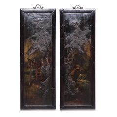 "Visit to the Countryside" Pair of Vintage Chinese Relief Lacquer Panels