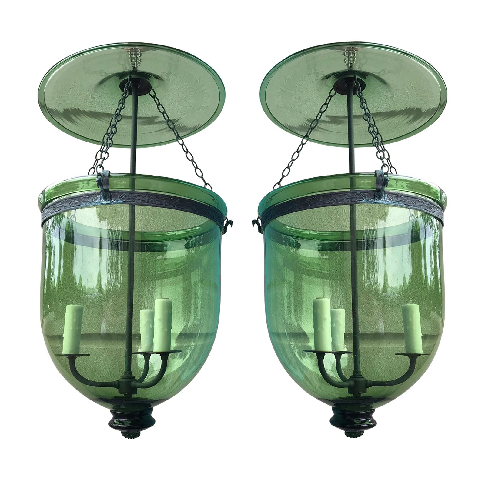 Rare Pair of Green 19th Century George I Style English Hanging Bell Jar Lanterns