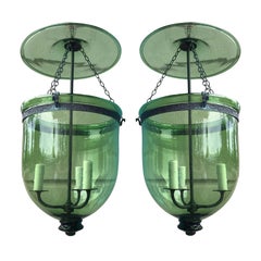 Antique Rare Pair of Green 19th Century George I Style English Hanging Bell Jar Lanterns