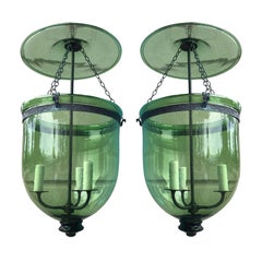 Rare Pair of Green 19th Century George I Style English Hanging Bell Jar Lanterns