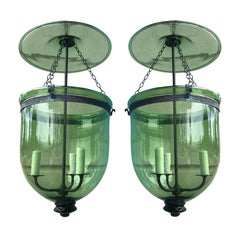 Rare Pair of Green 19th Century George I Style English Hanging Bell Jar Lanterns