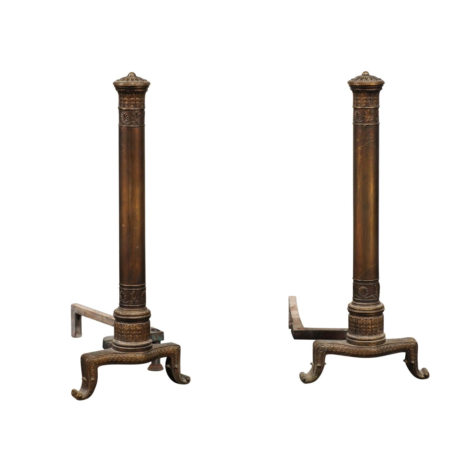 Pair of 19th Century Neoclassical Tall Bronze Andirons For Sale