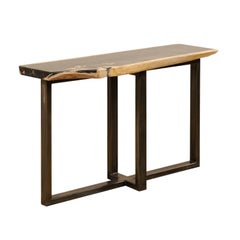 Console ou table de canapé en bois pétrifié poli avec base en métal moderne