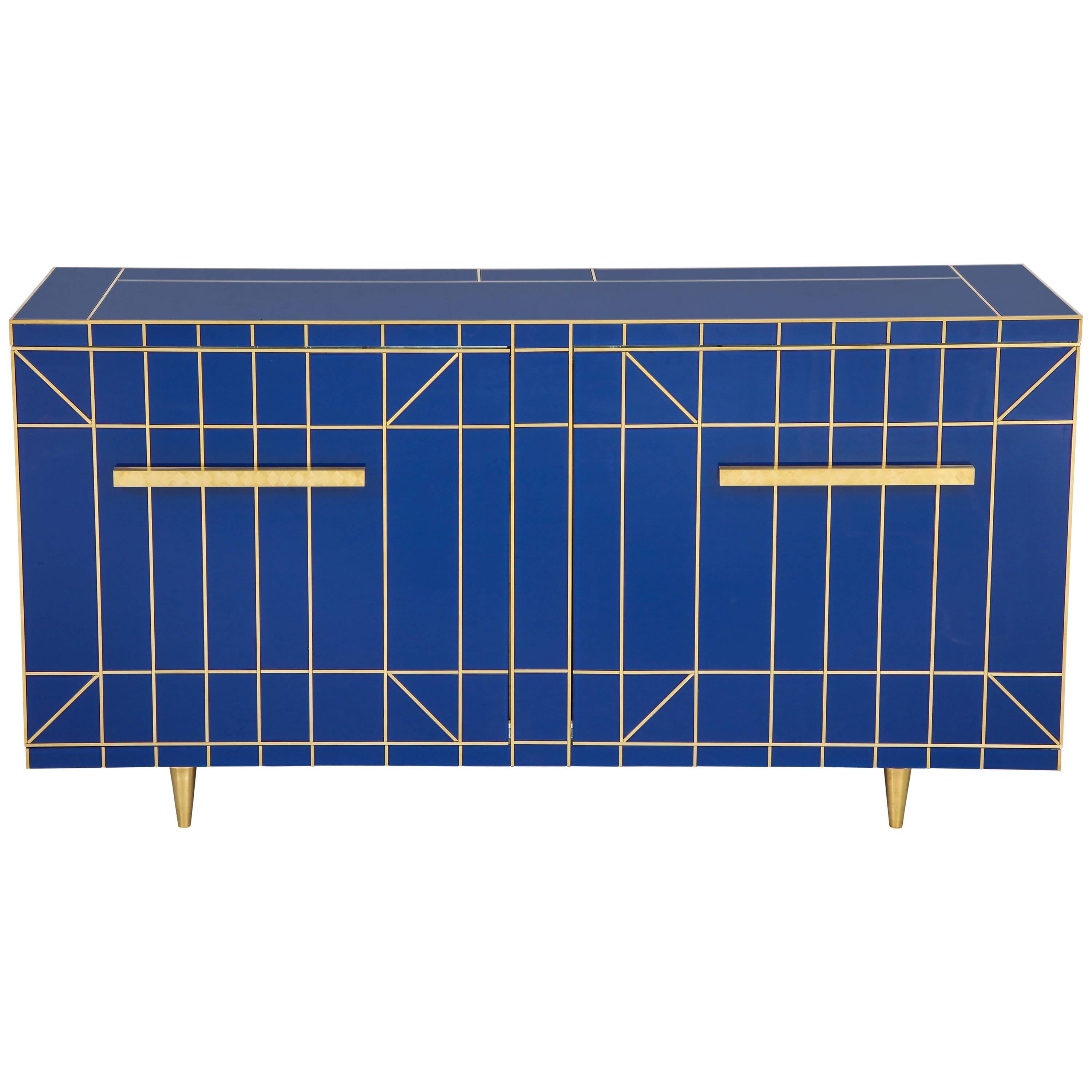 Cobalt Blue Glass with Brass Inlay Mirrored Sideboard, Spain, Signed