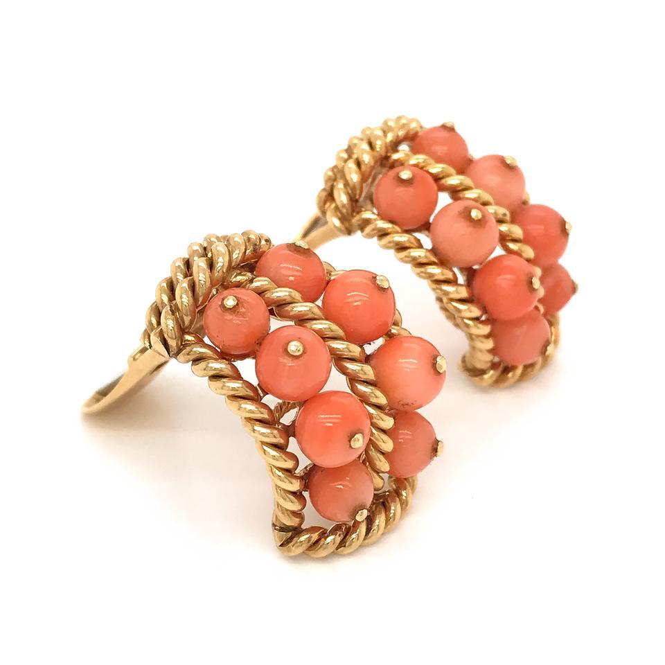 Round Cut David Webb Pink Coral Gold Earrings