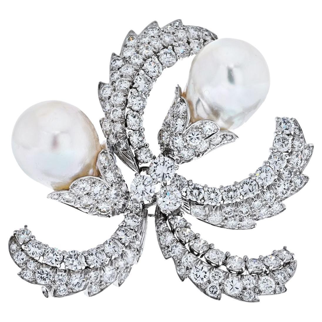 David Webb Platinum 15.00cttw Diamond and Pearl Brooch