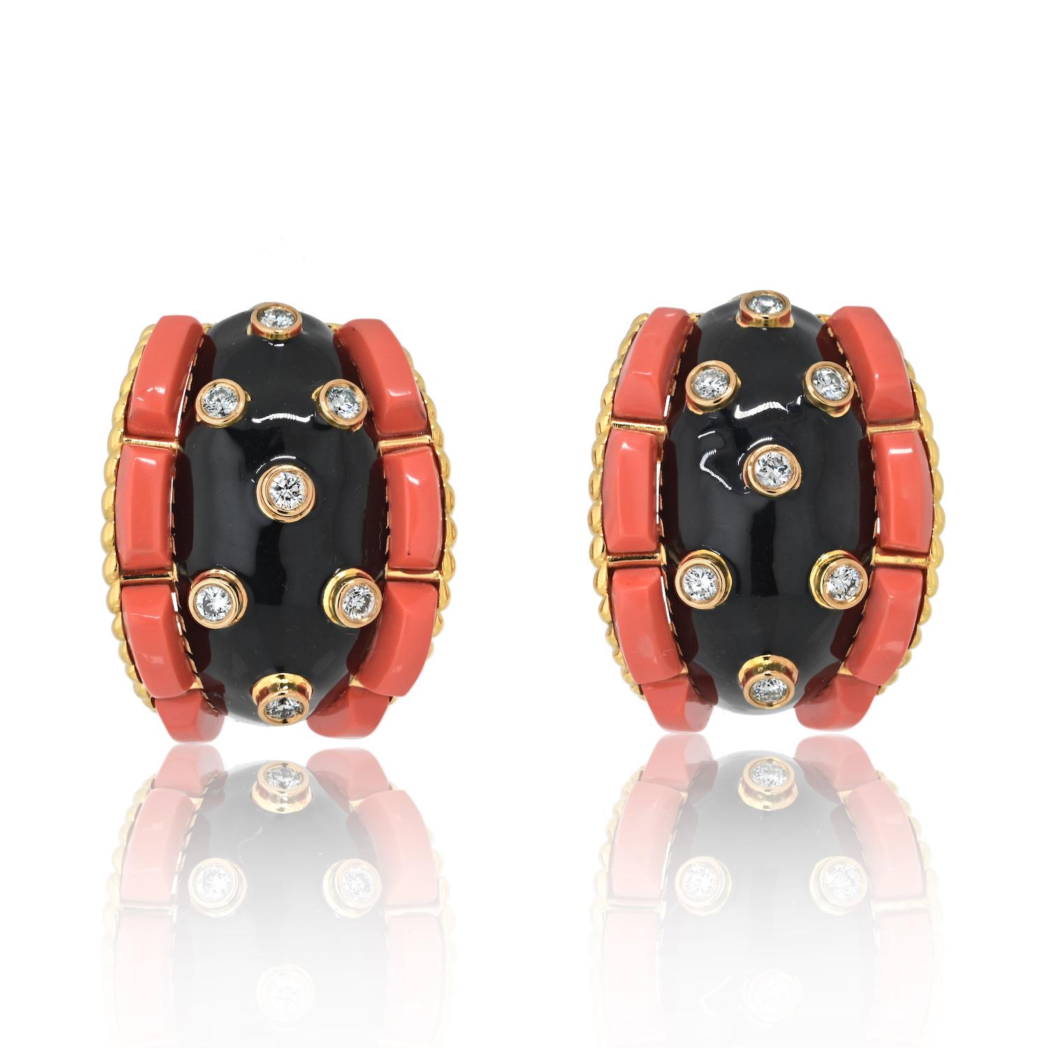 Elevate your jewelry collection with this exquisite pair of vintage 18k gold earrings by the renowned David Webb. These oversized earrings showcase Webb's iconic design aesthetic, featuring a striking combination of black enamel, vibrant coral, and