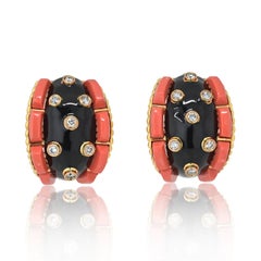 David Webb Platinum & 18K Coral, Black Enamel and Diamond Earrings