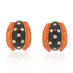 David Webb Platinum & 18K Coral, Black Enamel and Diamond Earrings