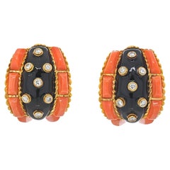 Vintage David Webb Platinum & 18K Coral, Black Enamel and Diamond Earrings