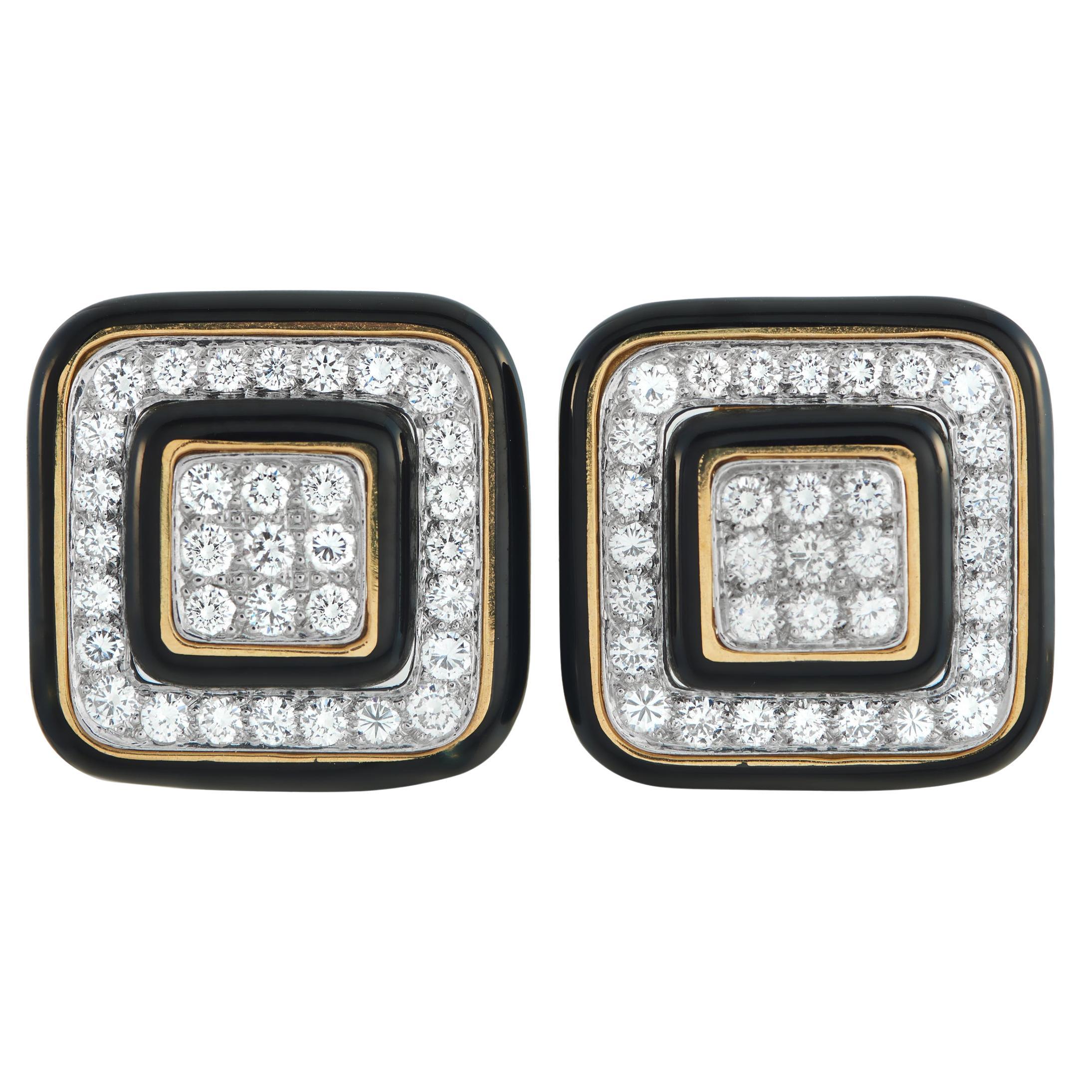 Pre-owned David Webb Platinum, 18k Gold 3.30ct Diamond, Enamel Square Earrings Dw26-020426 In Multi