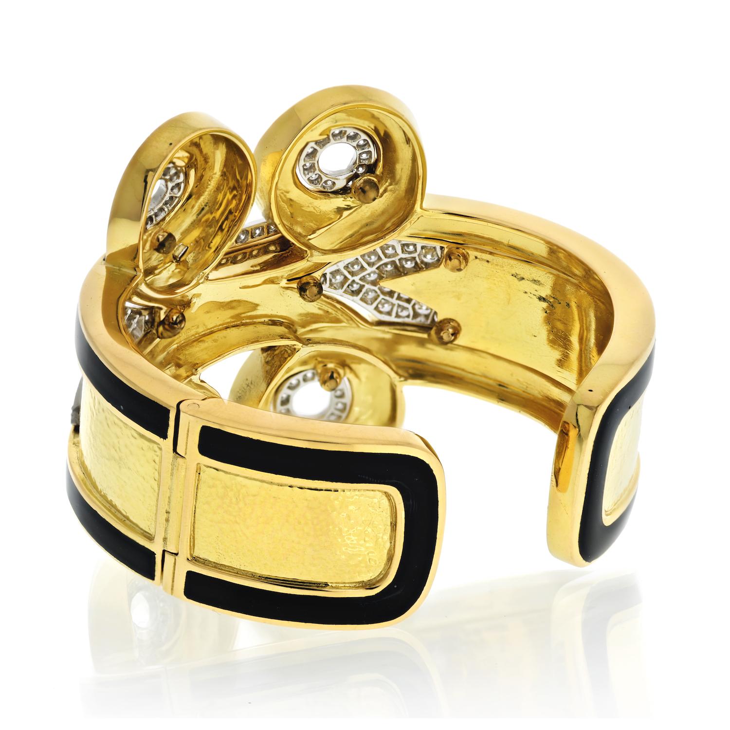 David Webb Platinum, 18k Gold Arabesque Black Enamel Diamond Cuff ...
