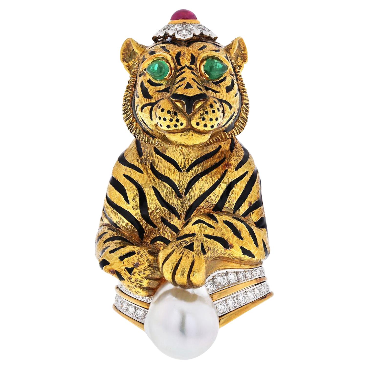 David Webb Platinum &18k Gold Black Striped Tiger with Emerald Ruby Pearl Brooch For Sale