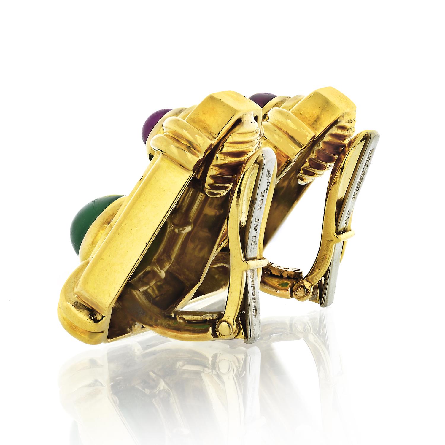 Modern David Webb Platinum & 18K Gold Cabochon Ruby, Emerald and Diamond Clip Earrings