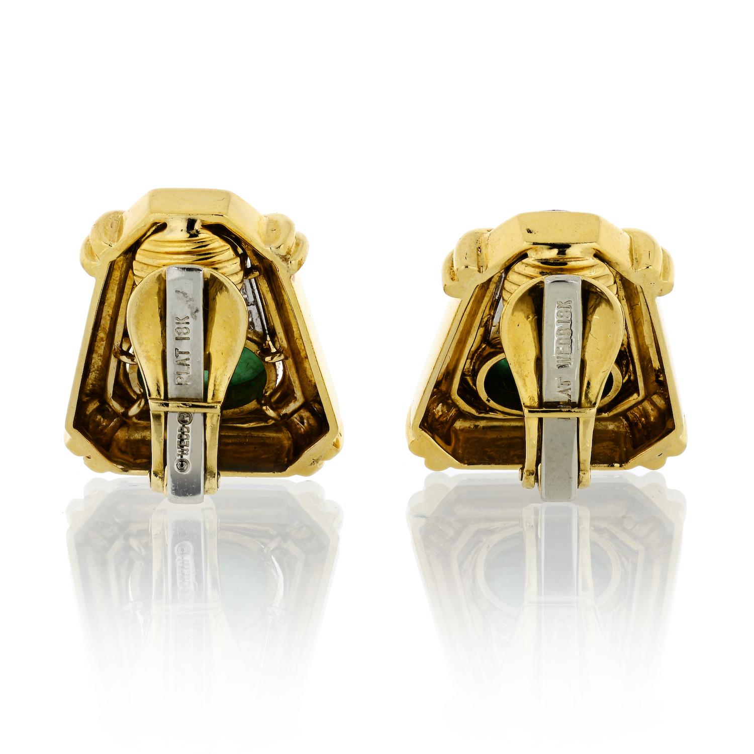 Oval Cut David Webb Platinum & 18K Gold Cabochon Ruby, Emerald and Diamond Clip Earrings