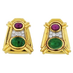 David Webb Platinum & 18K Gold Cabochon Ruby, Emerald and Diamond Clip Earrings