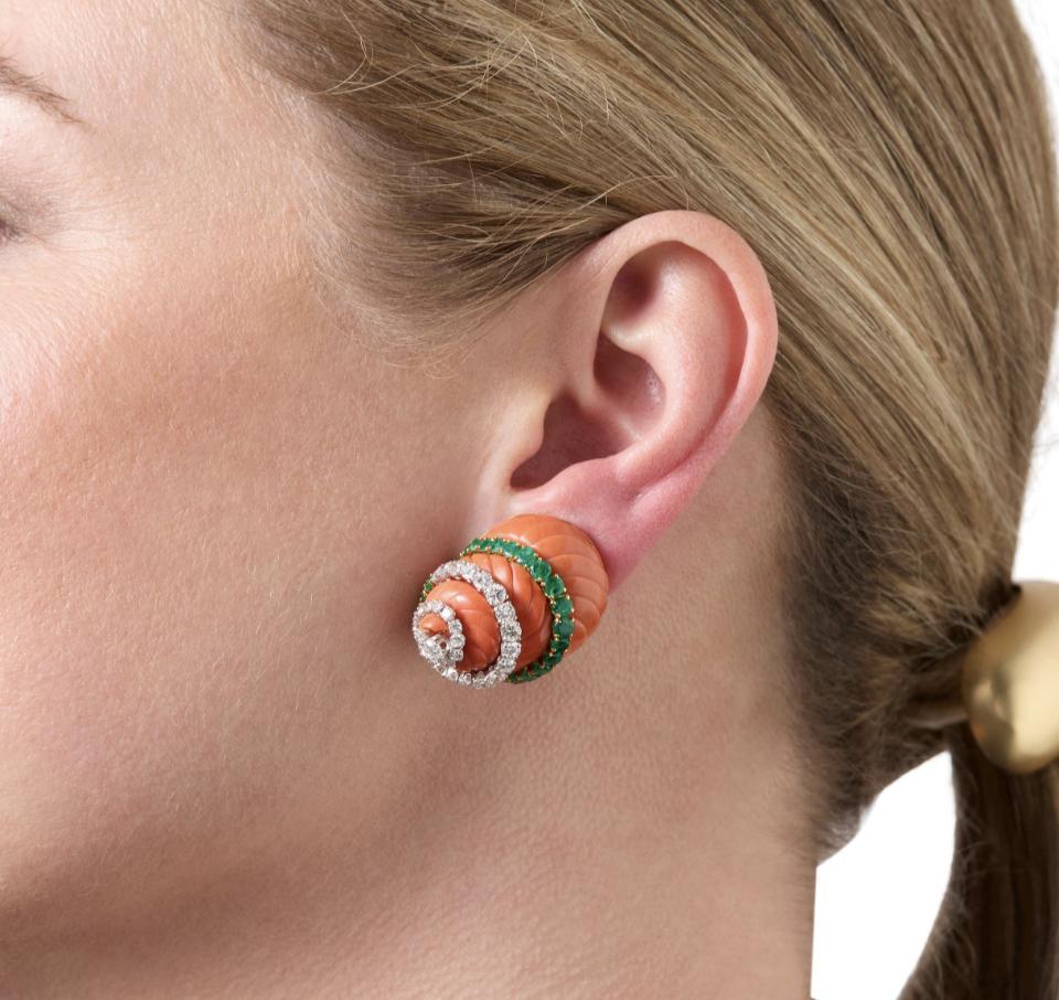 David Webb Platinum, 18K Gold, Coral, Diamond, and Emerald Earclips im Angebot 1