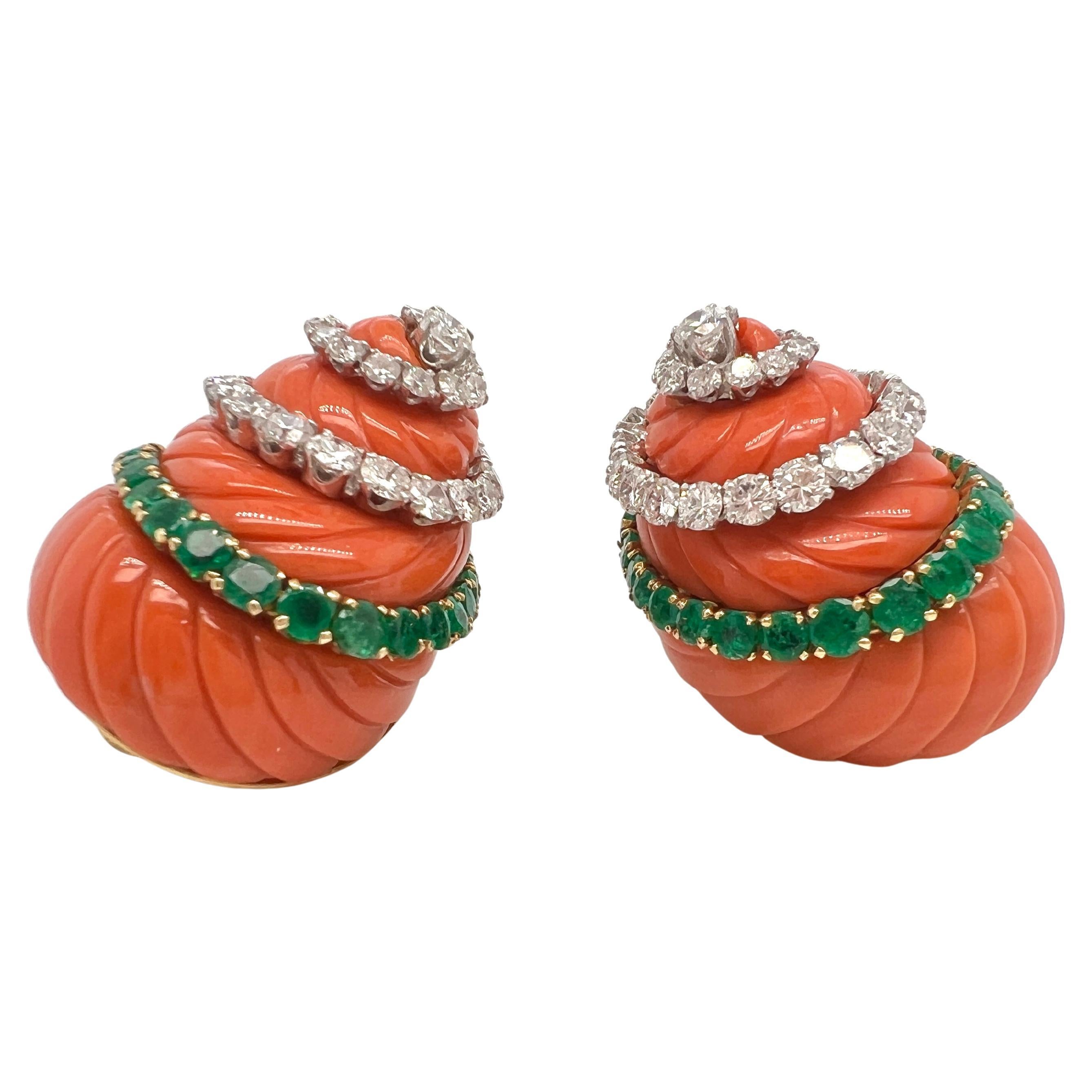 David Webb Platinum, 18K Gold, Coral, Diamond, and Emerald Earclips