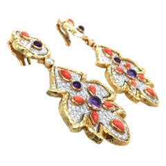 David Webb, Platinum 18K Gold Coral Diamond Earrings