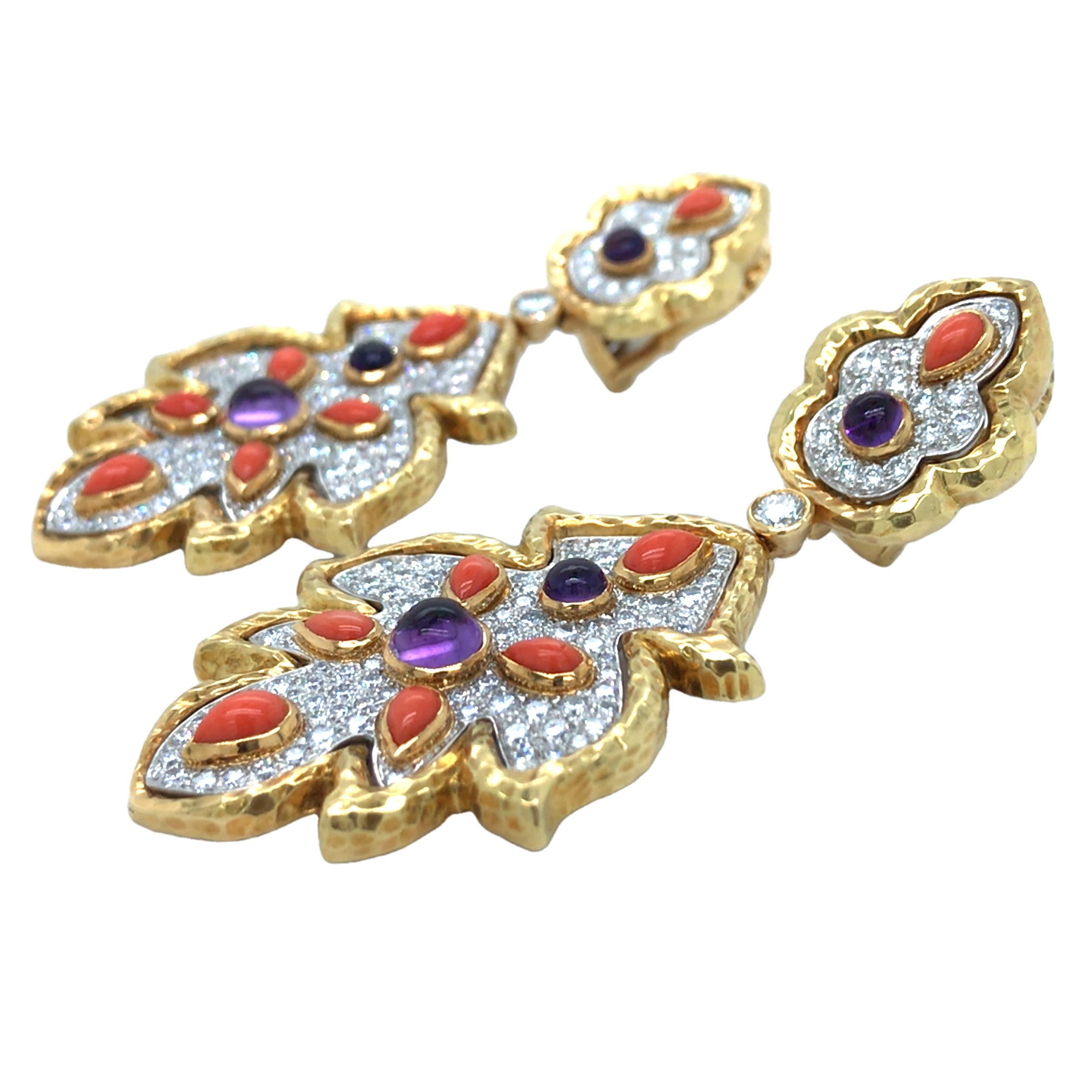 Mixed Cut David Webb, Platinum 18K Gold Coral Diamond Earrings For Sale