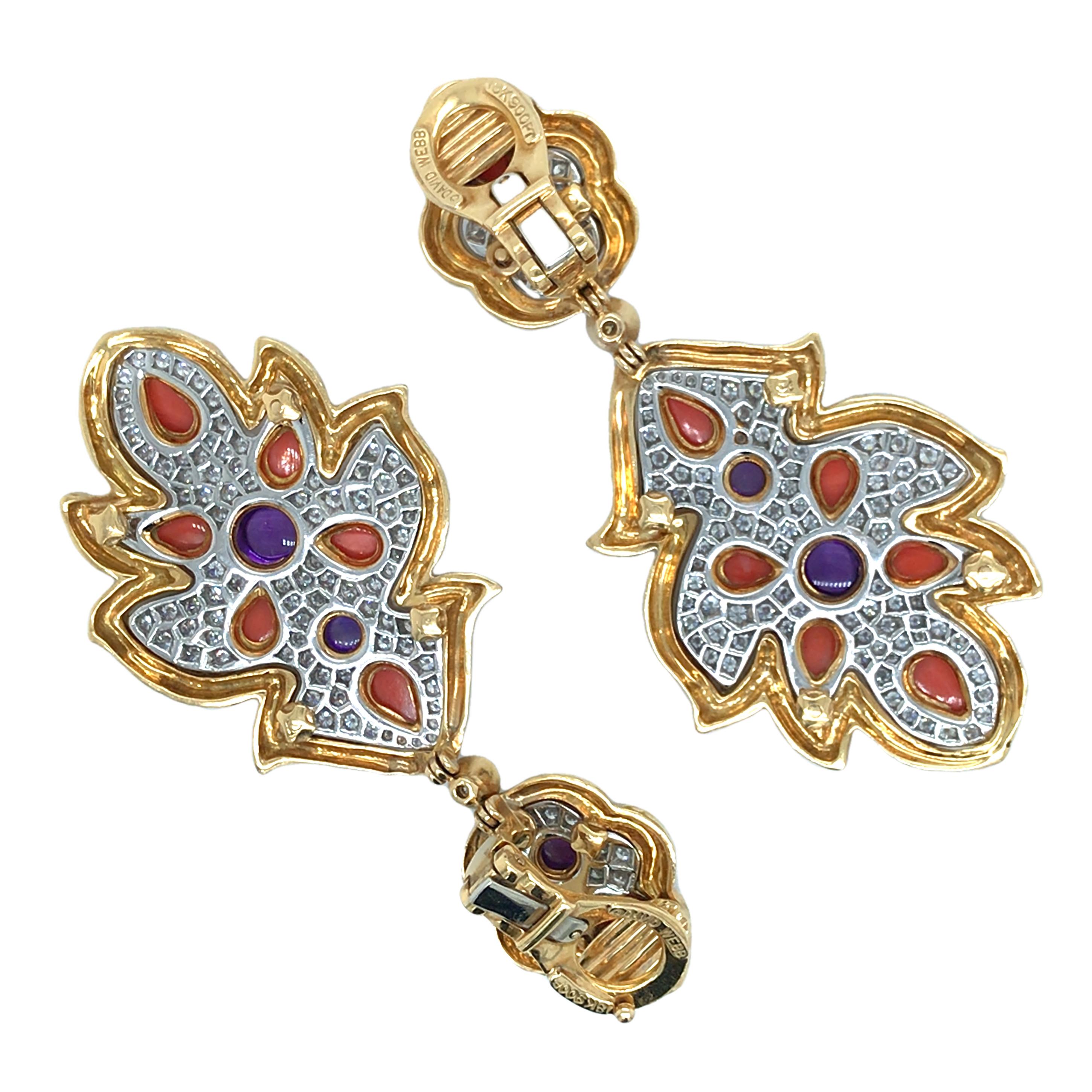 David Webb, Platinum 18K Gold Coral Diamond Earrings In Good Condition For Sale In New York, NY