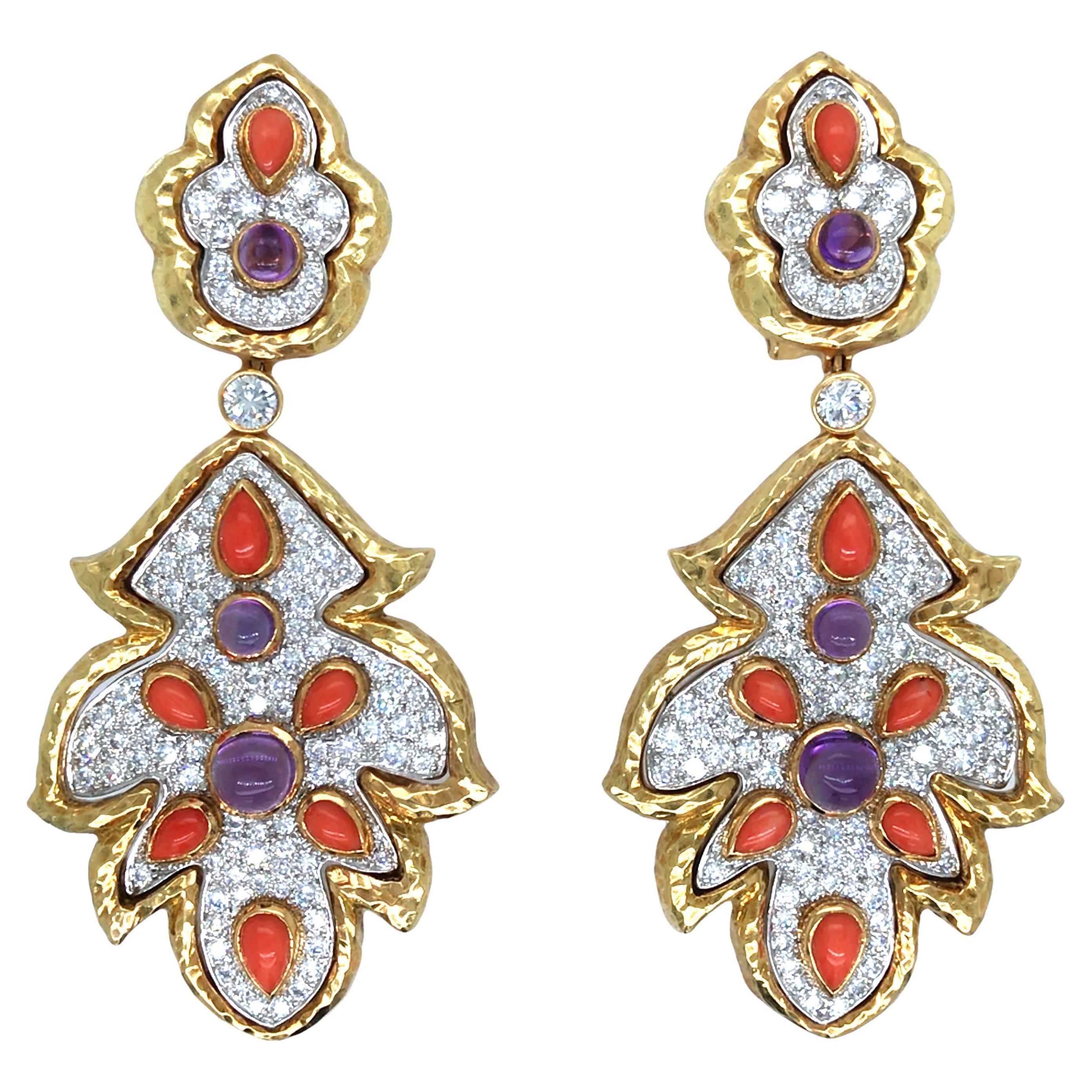 David Webb, Platinum 18K Gold Coral Diamond Earrings