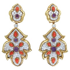 David Webb, Platinum 18K Gold Coral Diamond Earrings