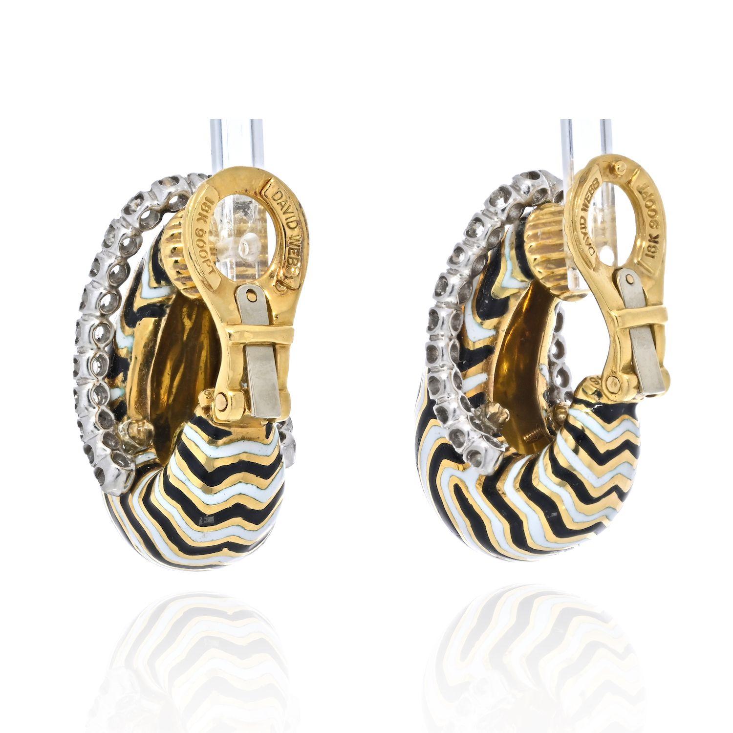 Round Cut David Webb Platinum, 18K Gold Diamond, The Vreeland Zebra Pattern Earrings