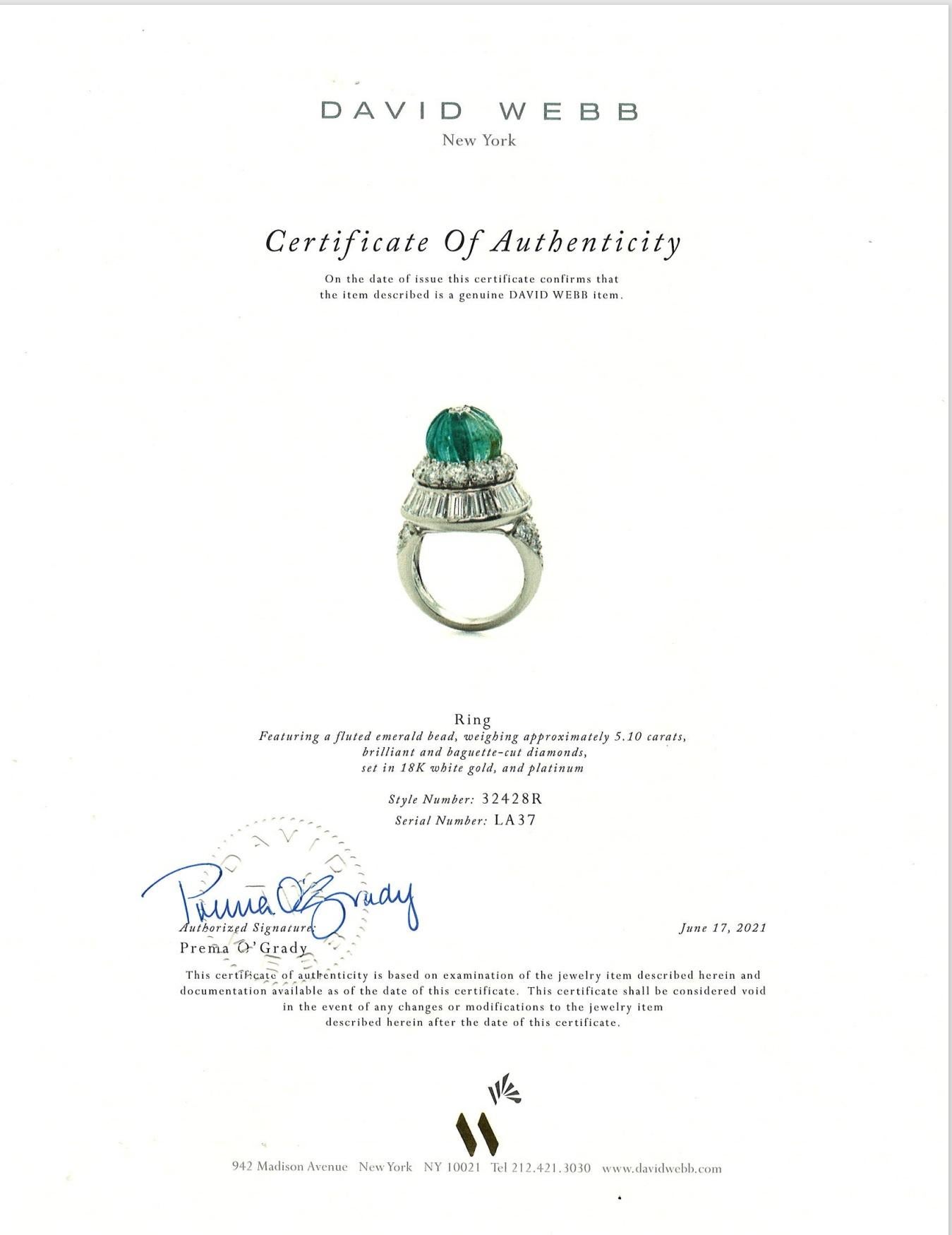 David Webb, Platinum 18K Gold Emerald Diamond Ring, Certificate For Sale 4