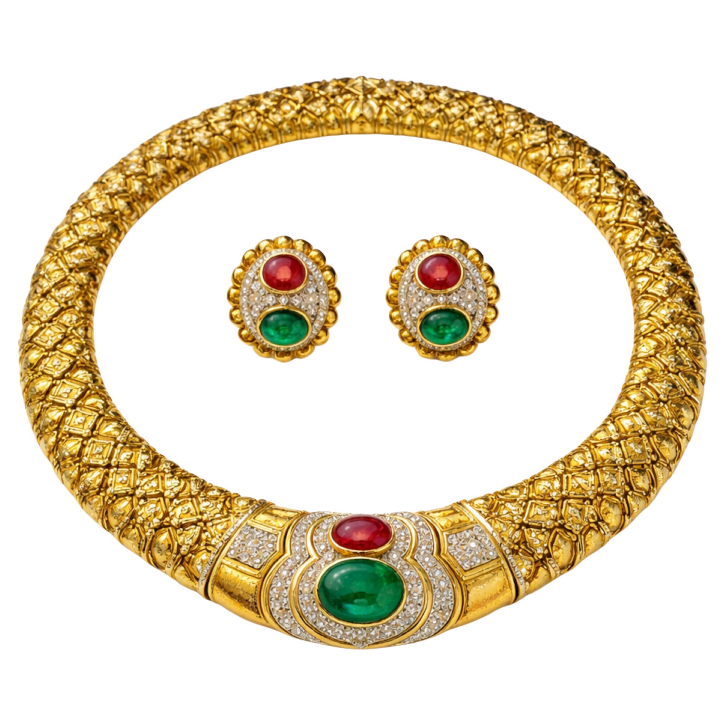 David Webb Platinum 
18K Gold Emerald Ruby Diamond Necklace and Earclips Suite