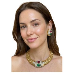 David Webb Platinum & 18K Gold Emerald Ruby Diamond Necklace and Earclips Suite