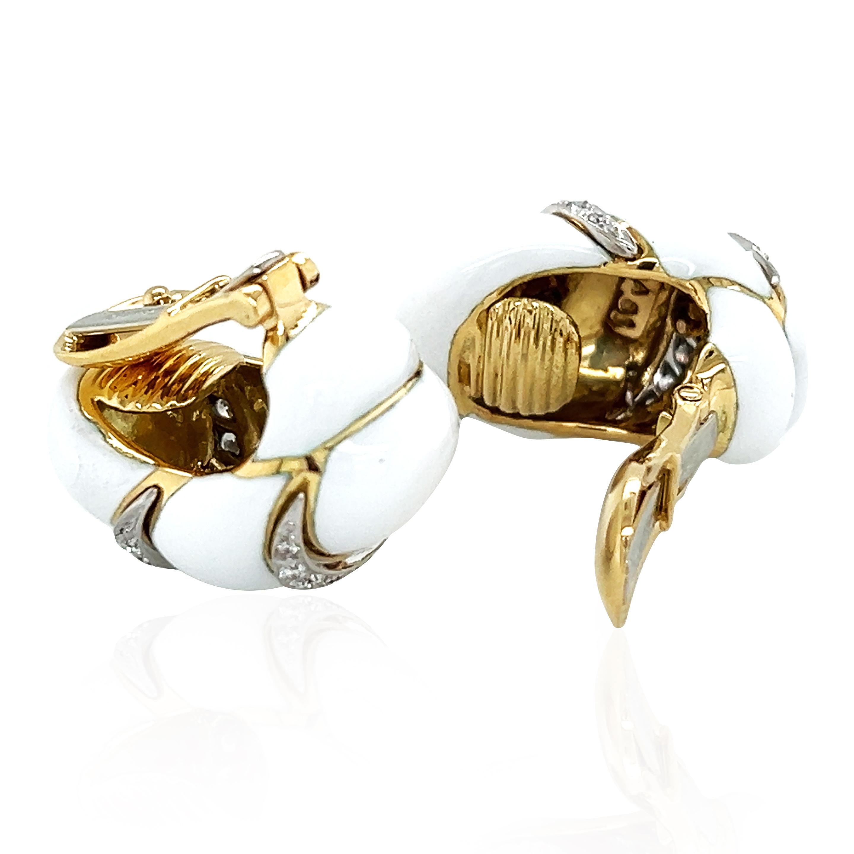 Round Cut David Webb, Platinum 18K Gold Enamel Diamond Earrings, Certificate For Sale