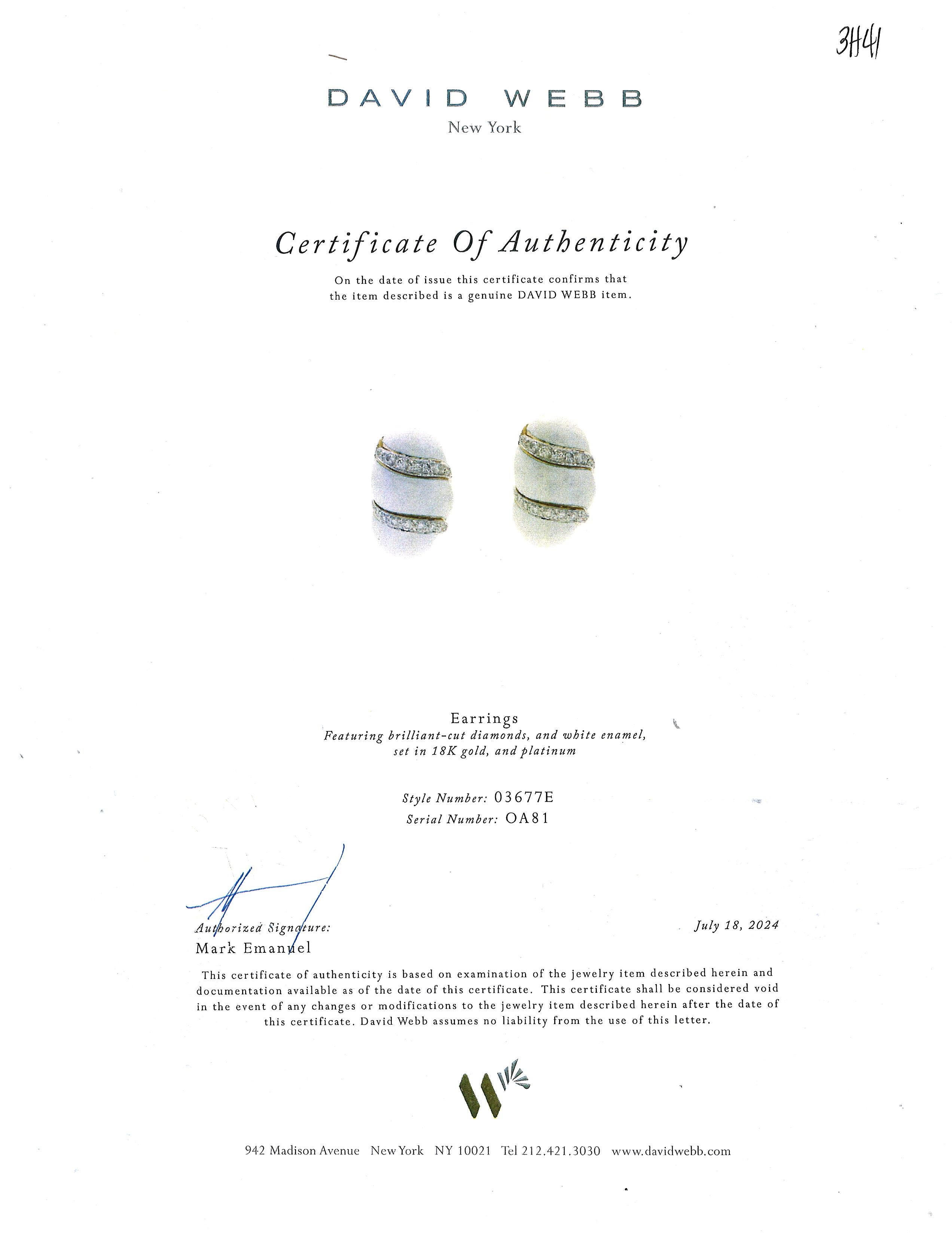 Women's David Webb, Platinum 18K Gold Enamel Diamond Earrings, Certificate For Sale