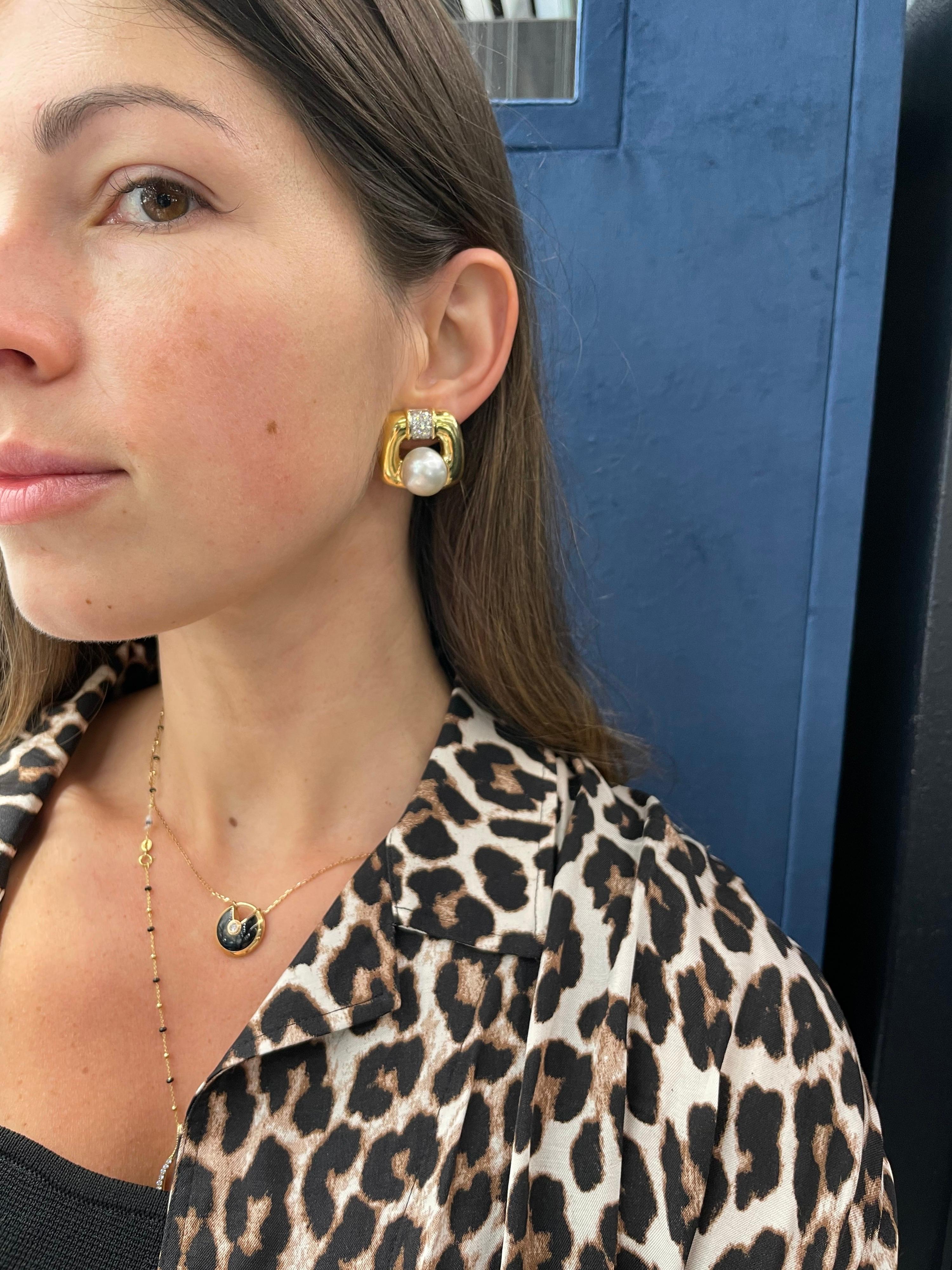 Modern David Webb Platinum & 18K Gold Soft Cushion Shaped Pearl and Diamond Earrings For Sale